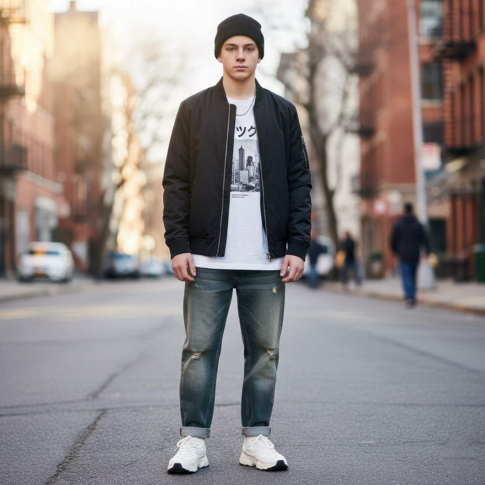 Teen boy streetwear jacket urban style google gemini prompt