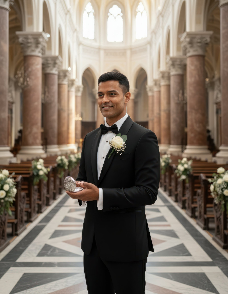 Groom wedding portrait in grand cathedral holding pocket watch google gemini prompt