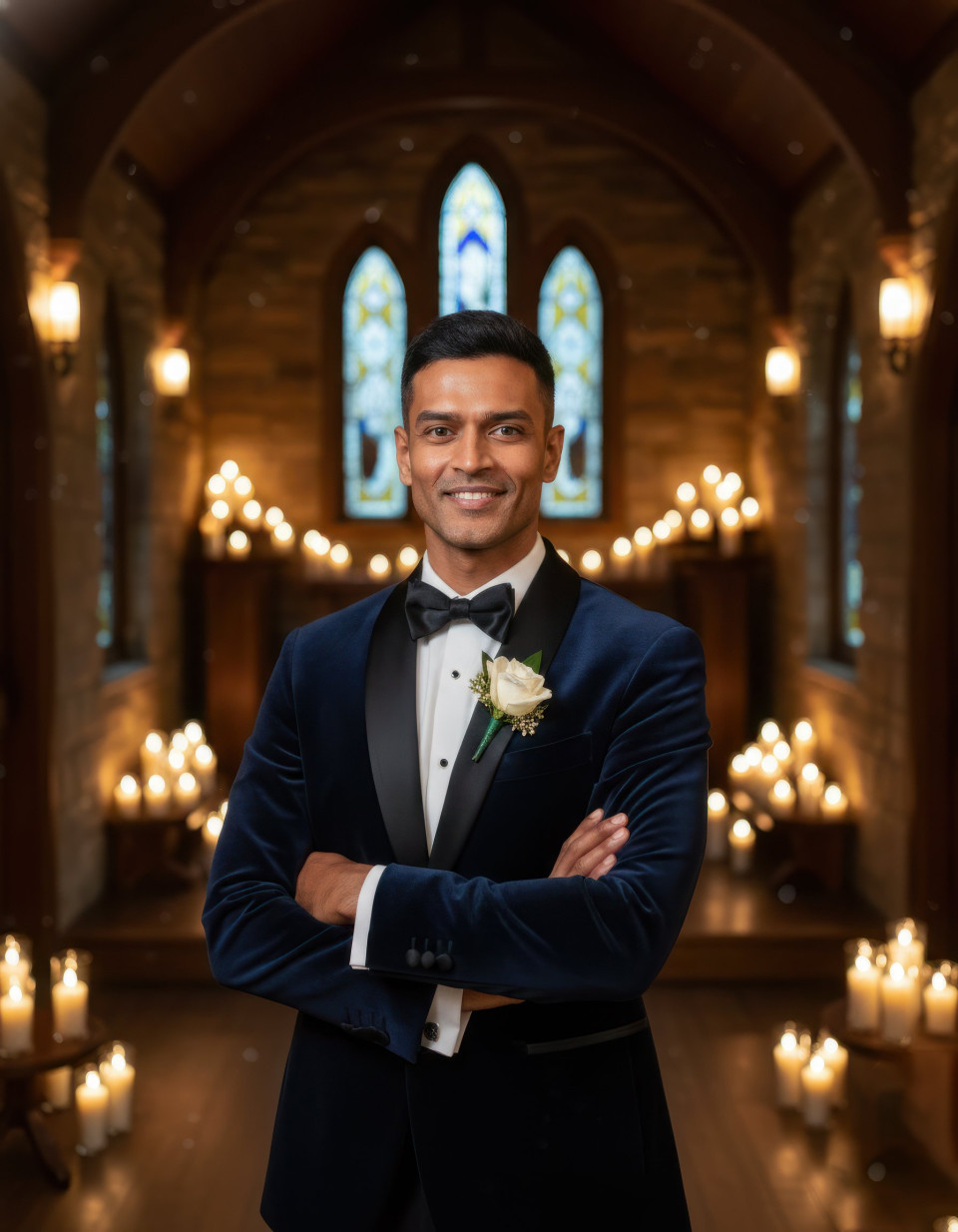 Groom to be portrait in candlelit chapel holding white rose google gemini prompt