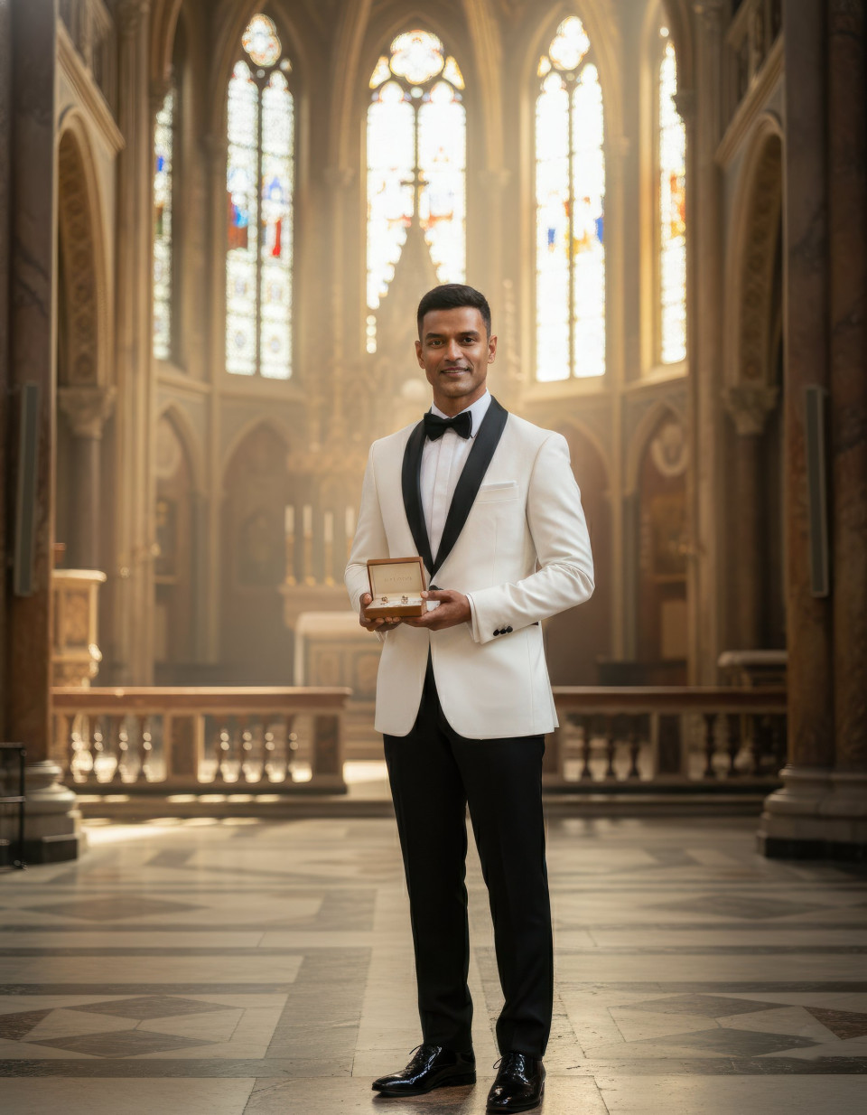 Groom portrait in basilica holding cufflink case google gemini prompt