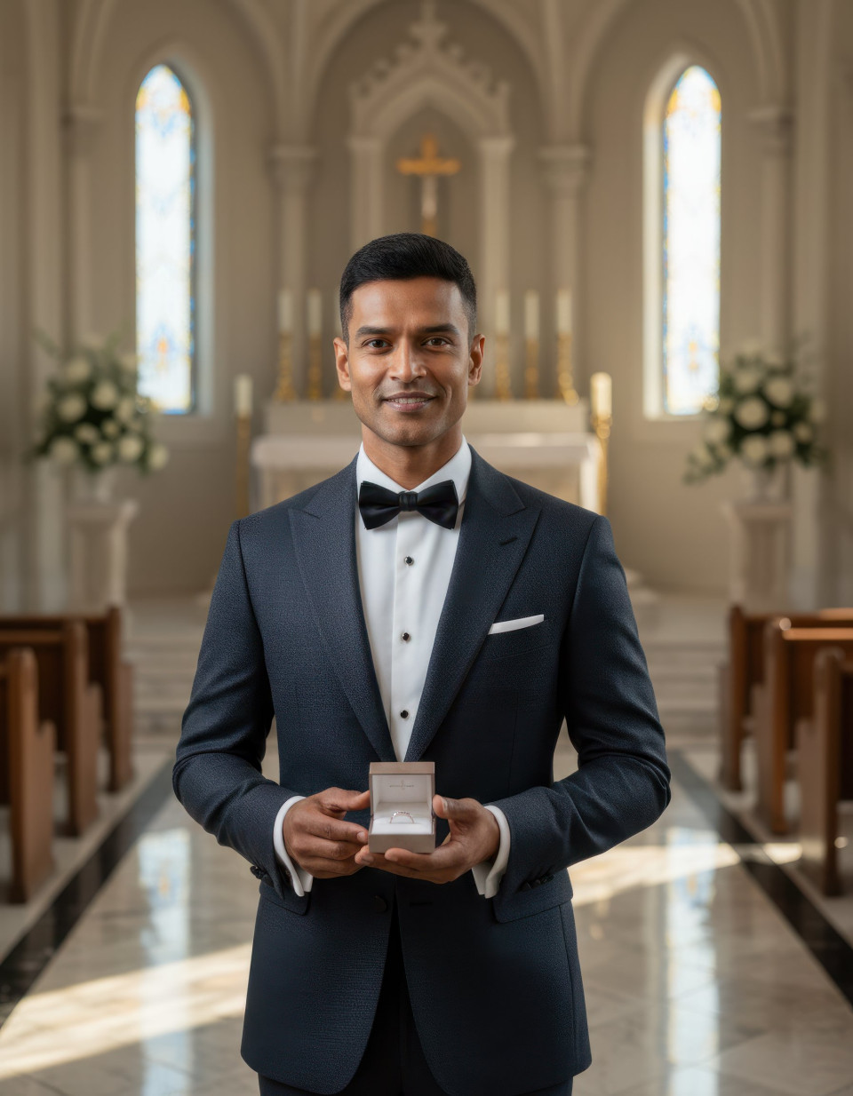 Groom wedding portrait in chapel holding ring box google gemini prompt