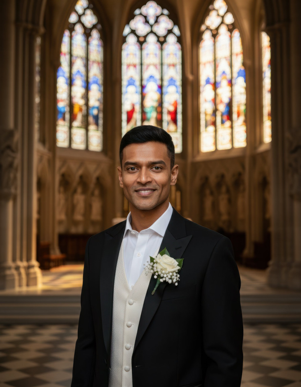Groom wedding portrait in cathedral holding boutonniere pin google gemini prompt