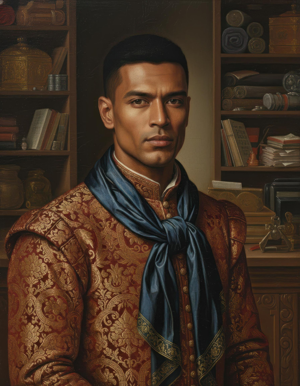 High renaissance oil painting of wealthy merchant in brocade doublet in merchant hall google gemini prompt