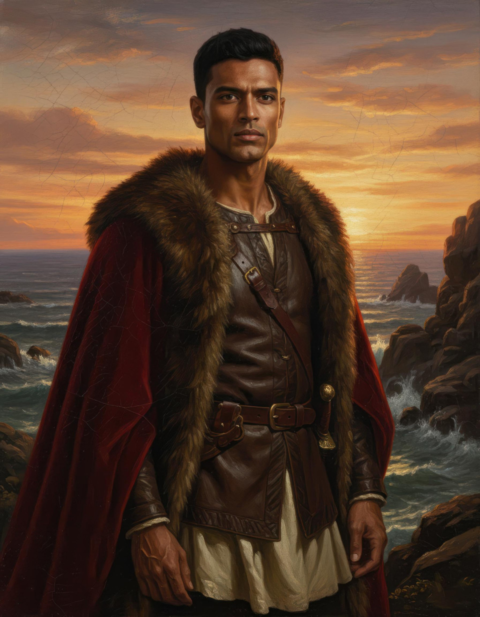 High renaissance oil painting of explorer in leather jerkin on cliff overlooking sea google gemini prompt