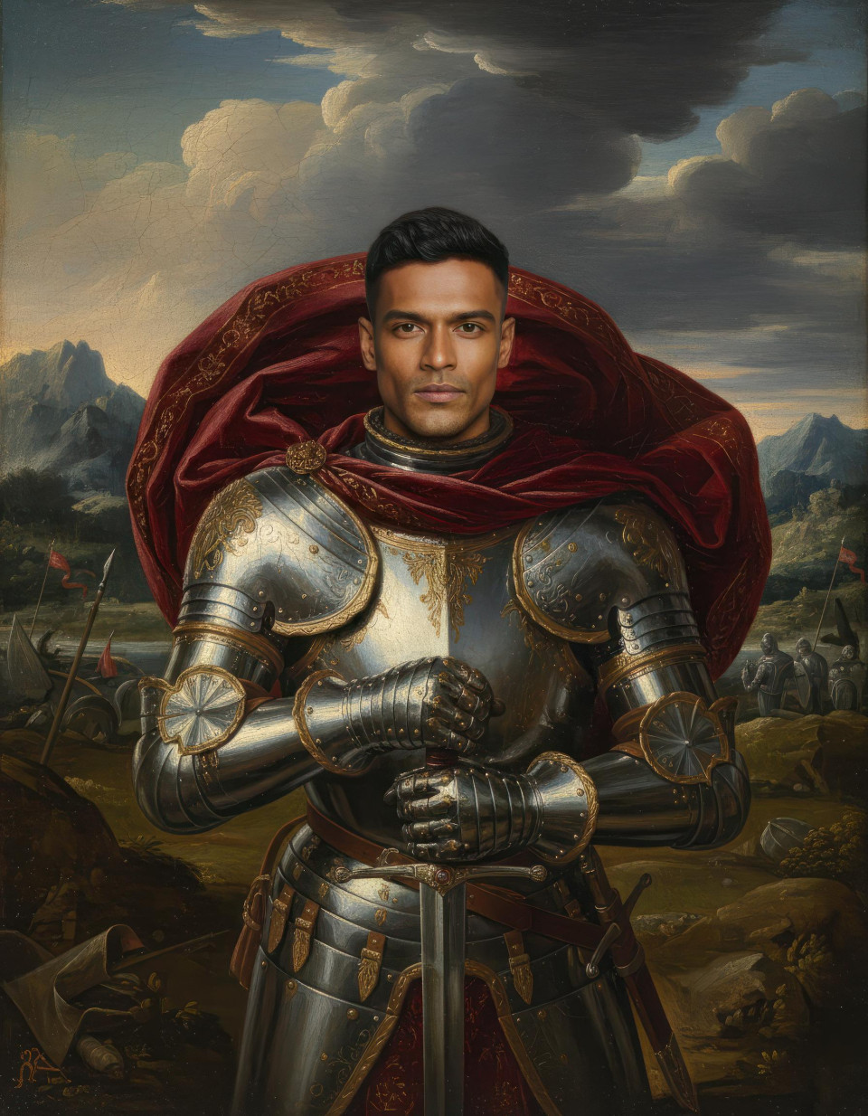 High renaissance oil painting of heroic knight in steel armor on stormy battlefield google gemini prompt