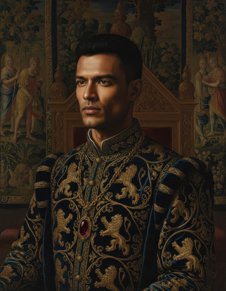 High renaissance oil painting of royal advisor in velvet tunic in throne room google gemini prompt