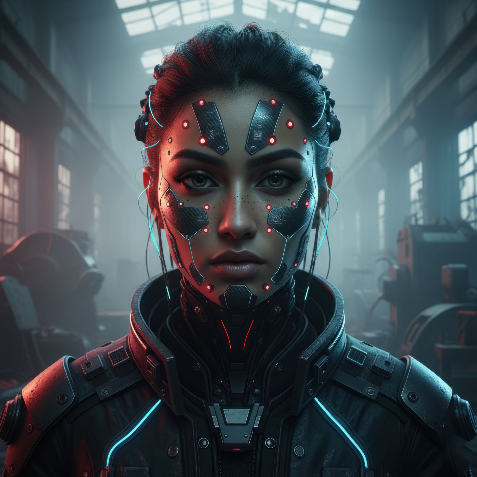 Techwear woman portrait in megafactory google gemini prompt