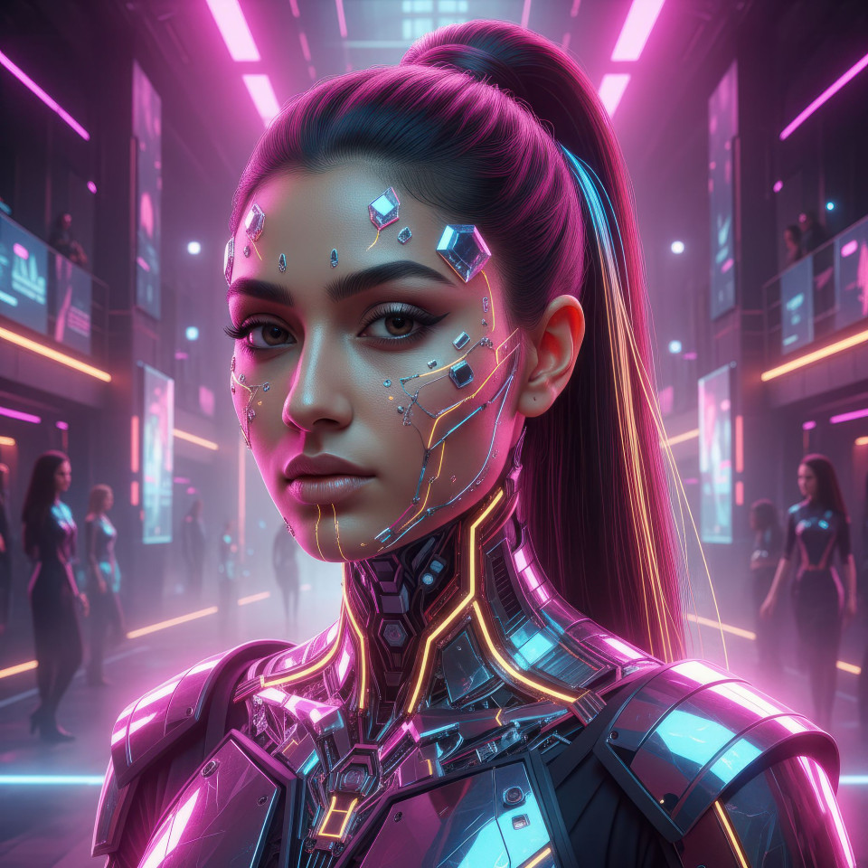 Cyber couture woman portrait in fashion atrium google gemini prompt