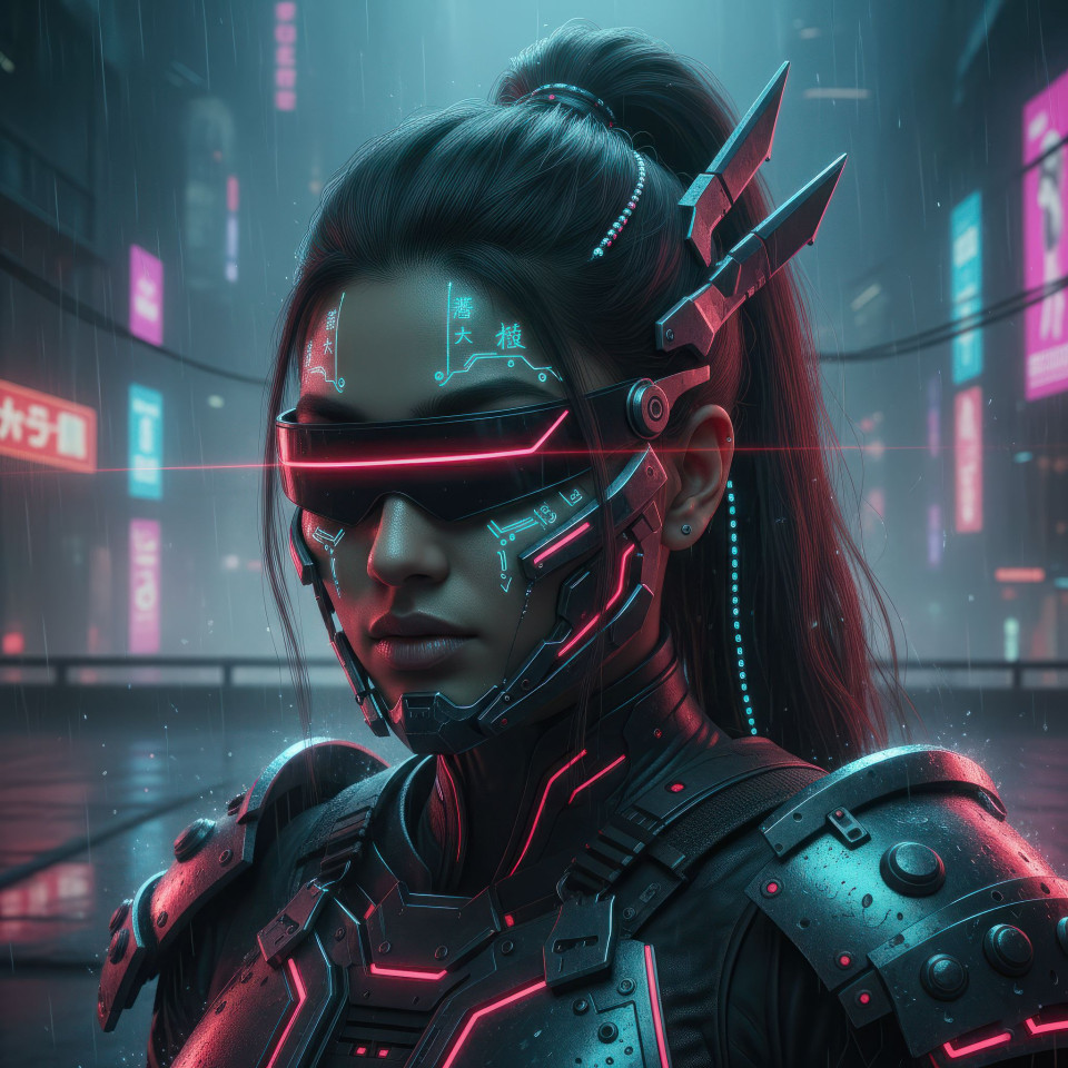 Cyber samurai woman portrait at neon dojo google gemini prompt
