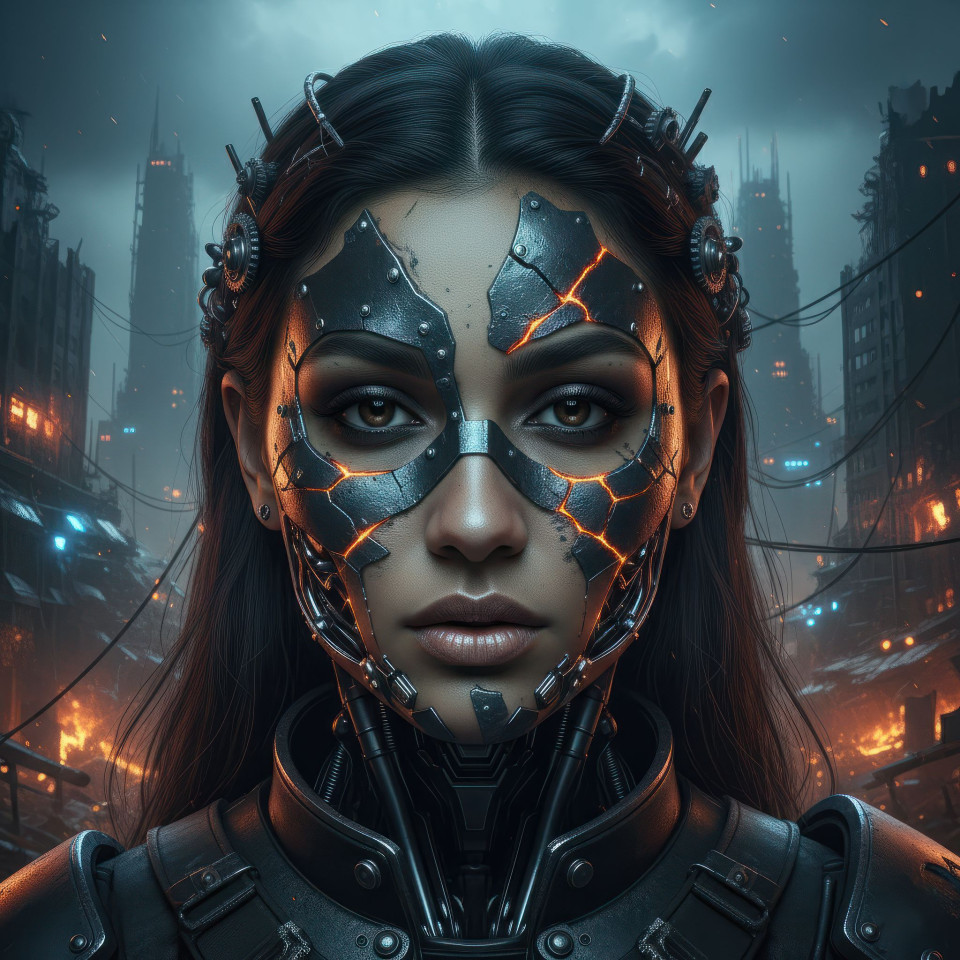 Post apocalyptic cyber woman portrait google gemini prompt