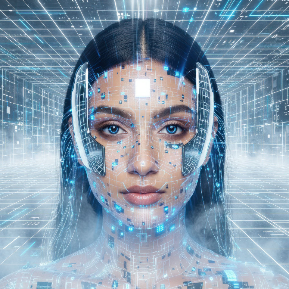 Ai hybrid woman portrait in virtual grid google gemini prompt