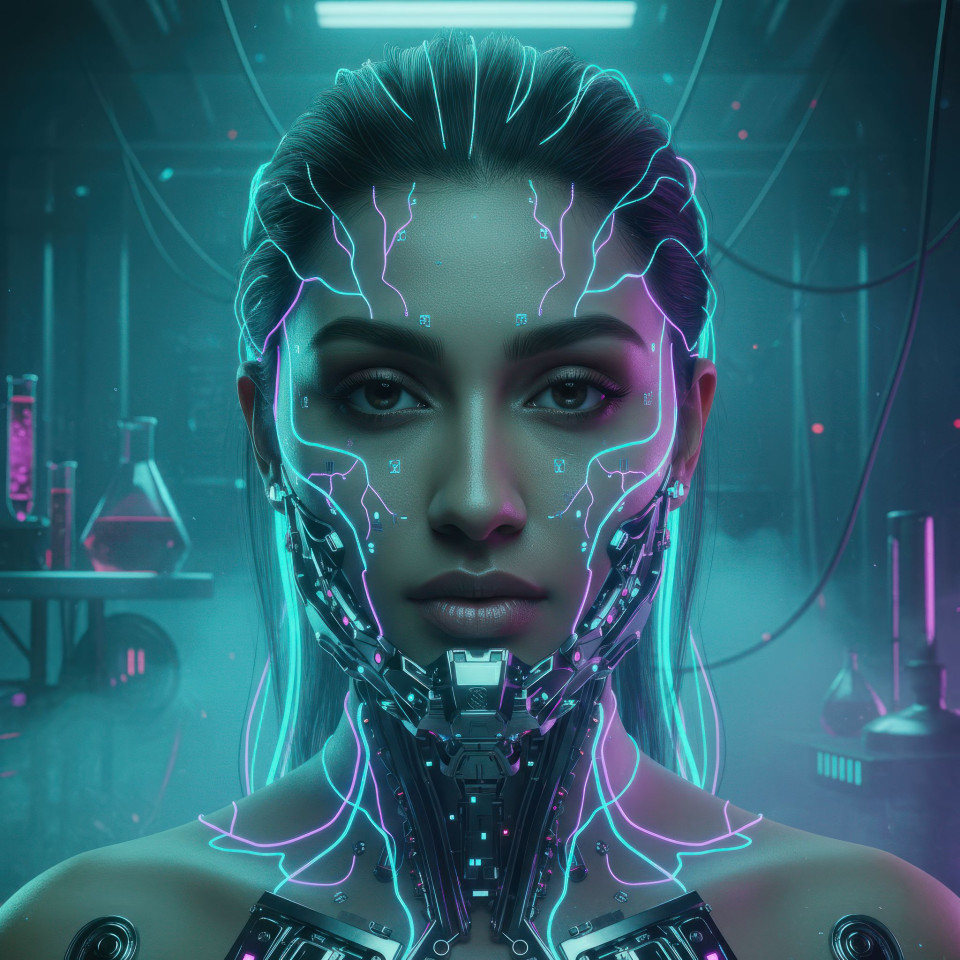 Biopunk woman portrait in neon lab google gemini prompt