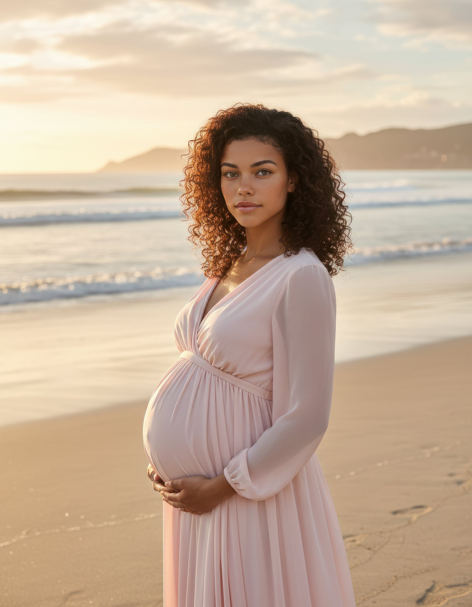 Sunrise maternity portrait on quiet sandy beach google gemini prompt