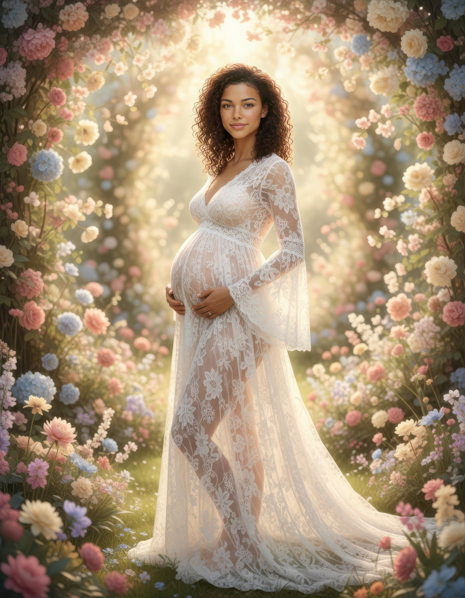 Fine art maternity portrait in blooming garden google gemini prompt