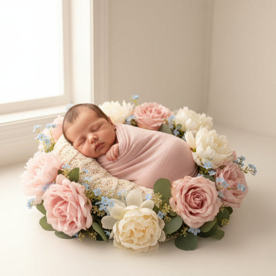 Soft floral newborn portrait in boutique studio google gemini prompt