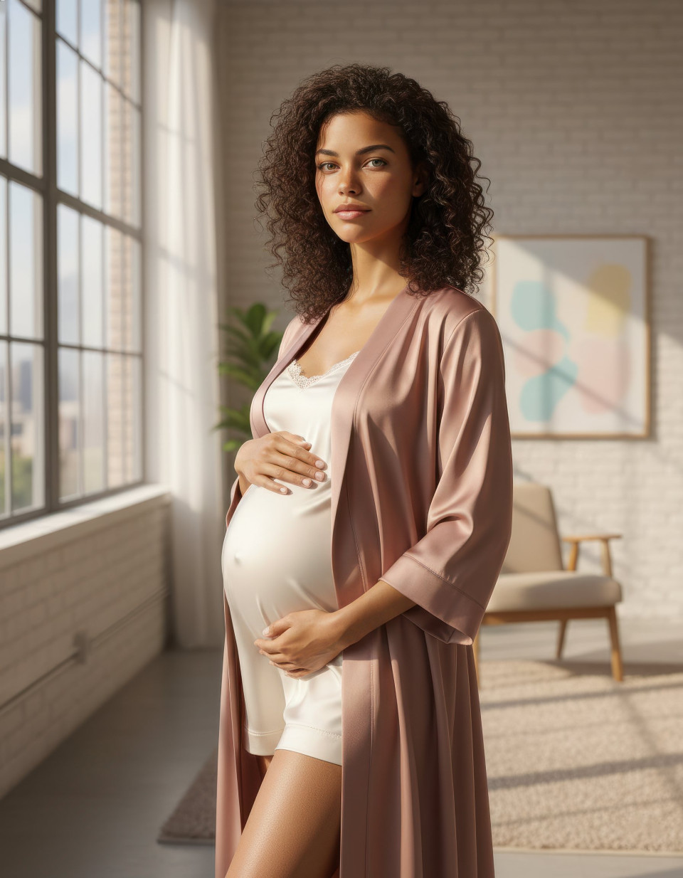 Elegant maternity portrait in bright urban loft google gemini prompt