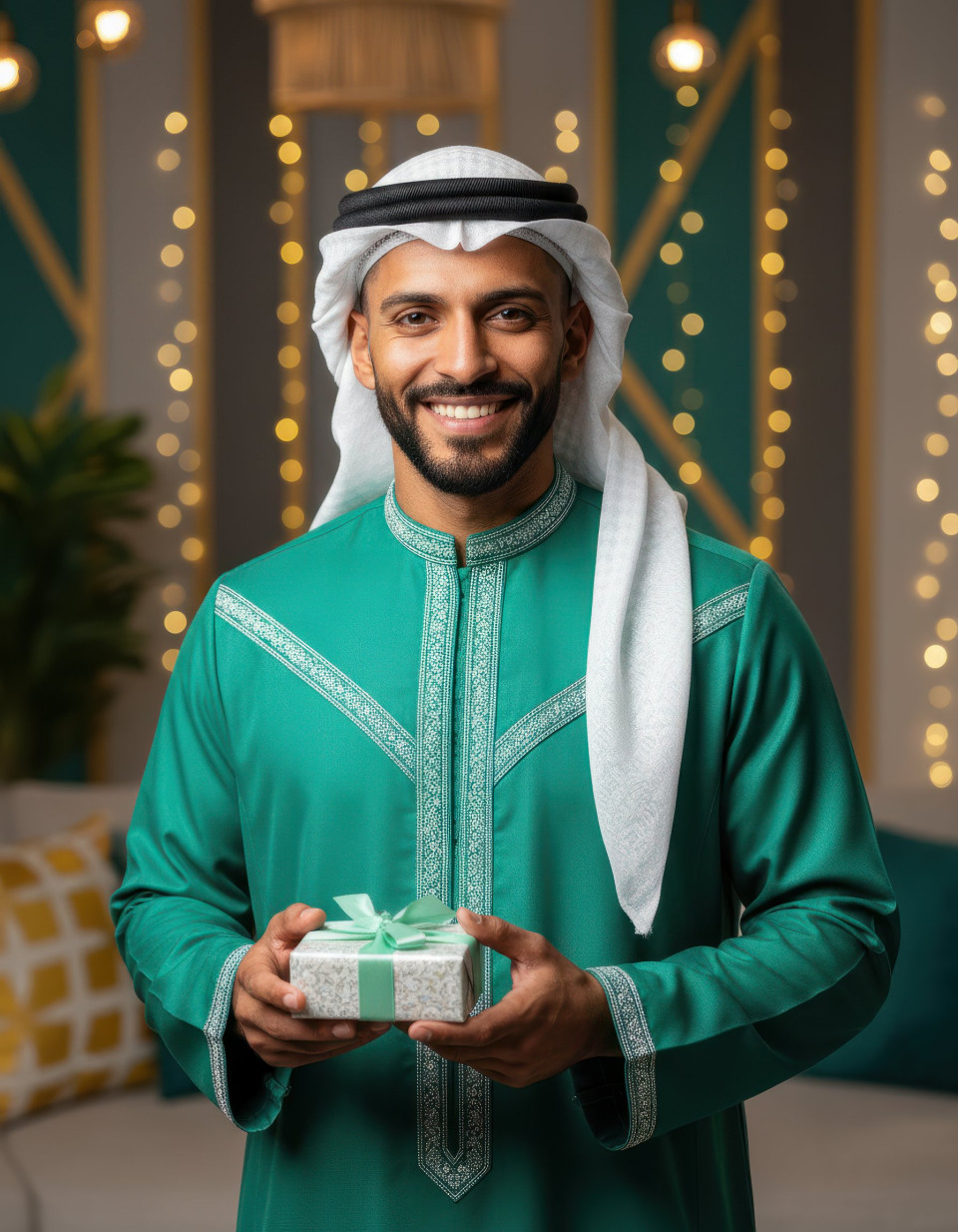 Middle eastern man celebrating eid smiling in luxury thobe google gemini prompt