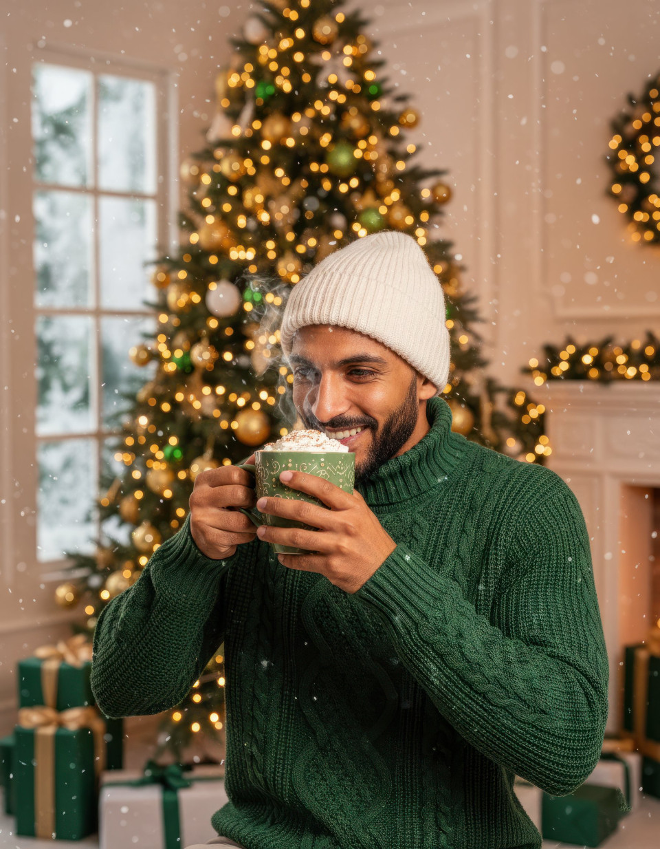 Young man celebrating christmas sipping hot cocoa google gemini prompt
