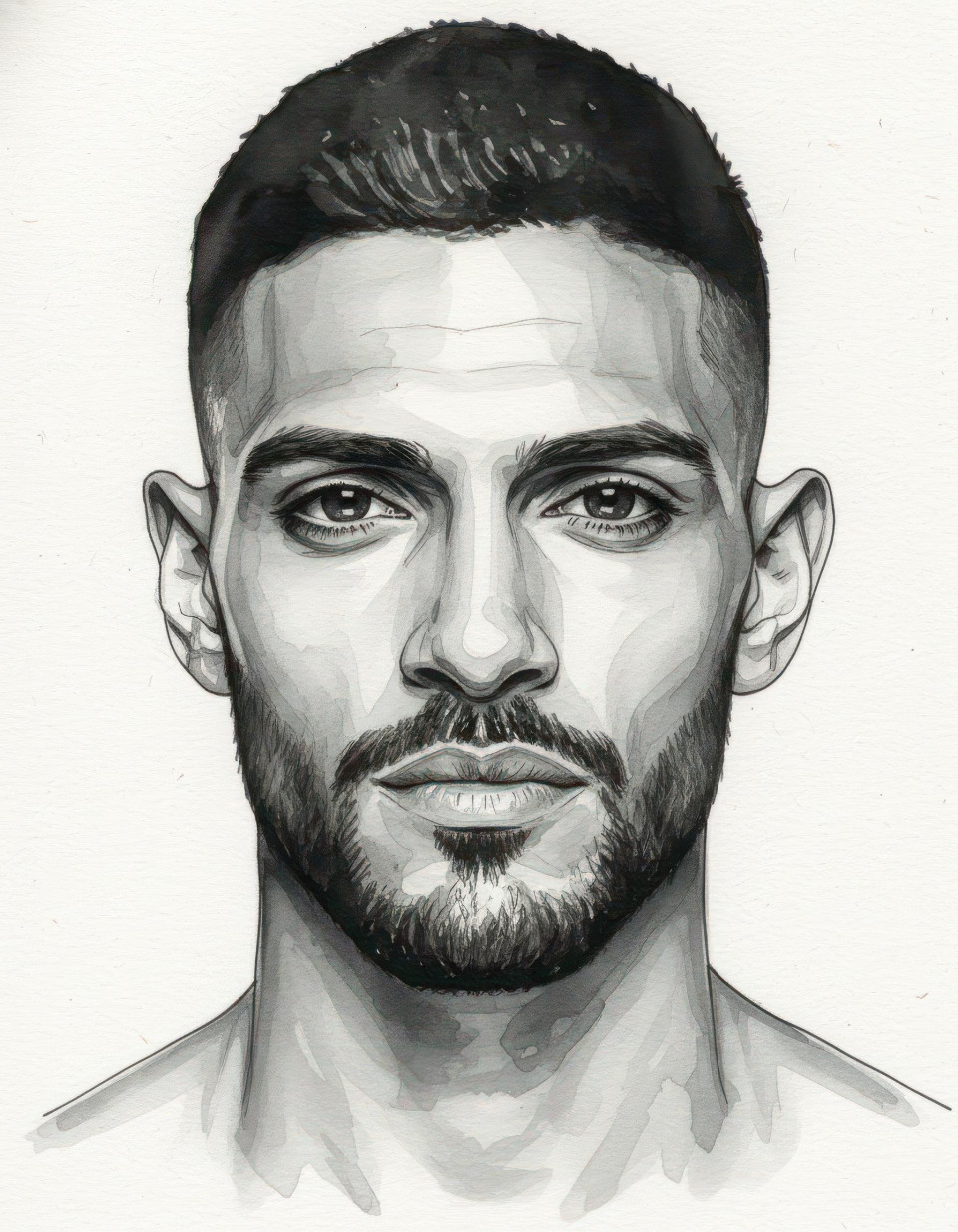 Clean cut man monochrome watercolor ink portrait google gemini prompt