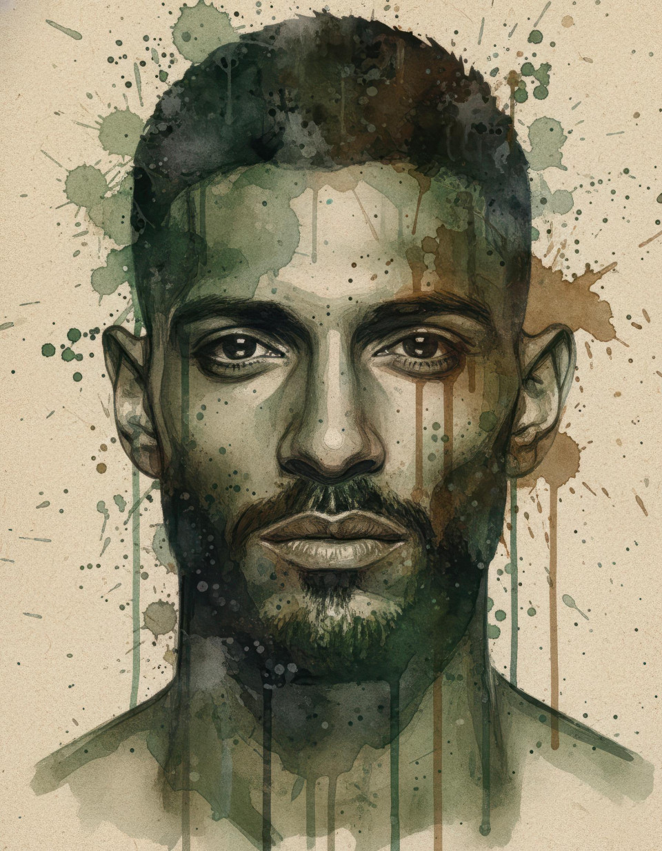 Bearded outdoorsman earthy watercolor ink portrait google gemini prompt