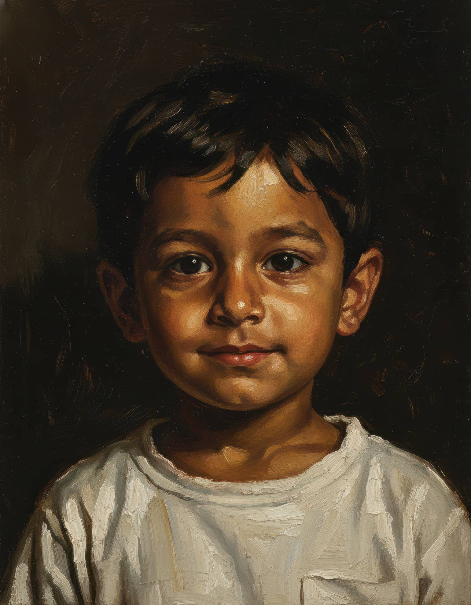 Dramatic oil painting of young child with chiaroscuro lighting google gemini prompt