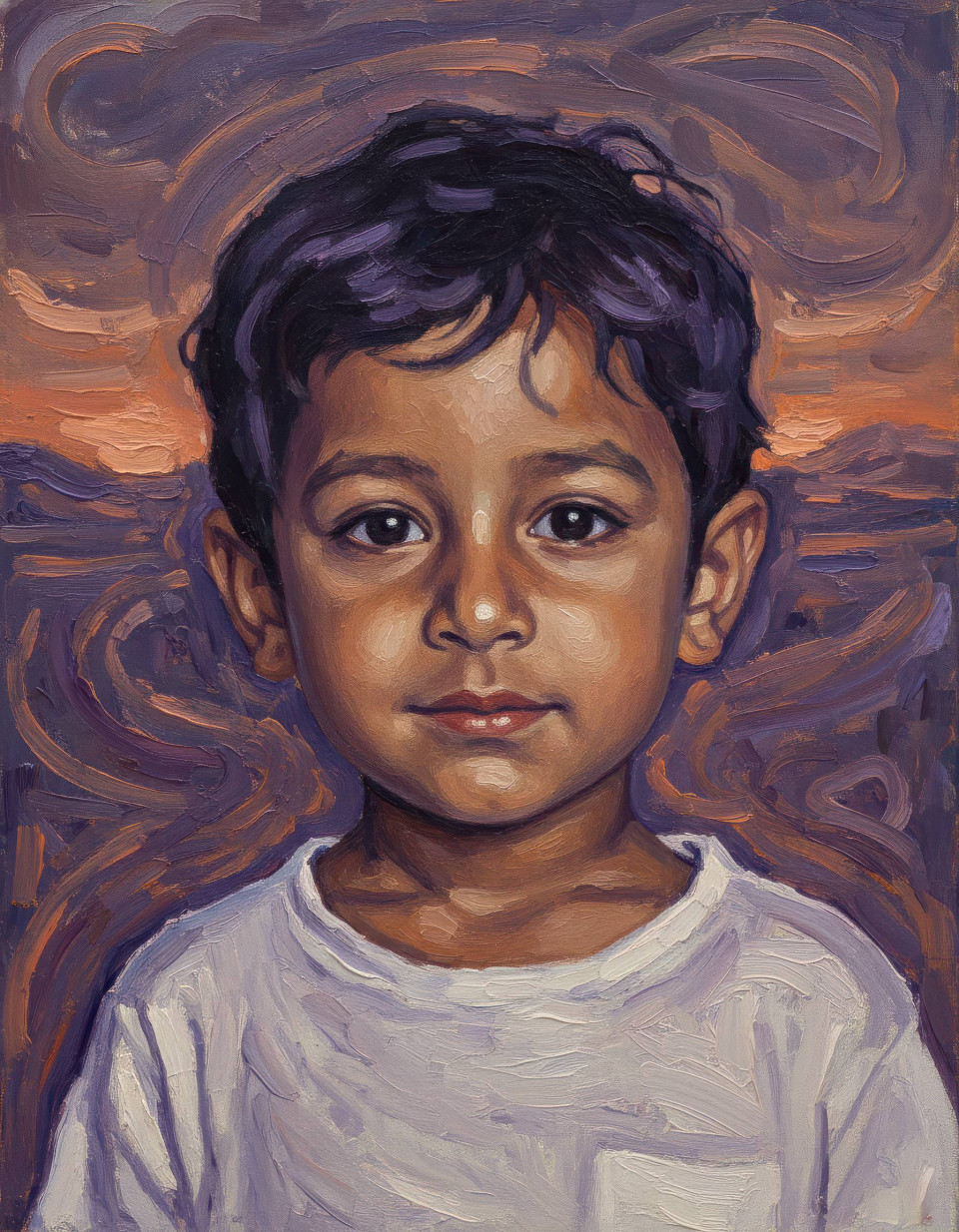 Expressive oil painting of thoughtful child with emotional mood google gemini prompt