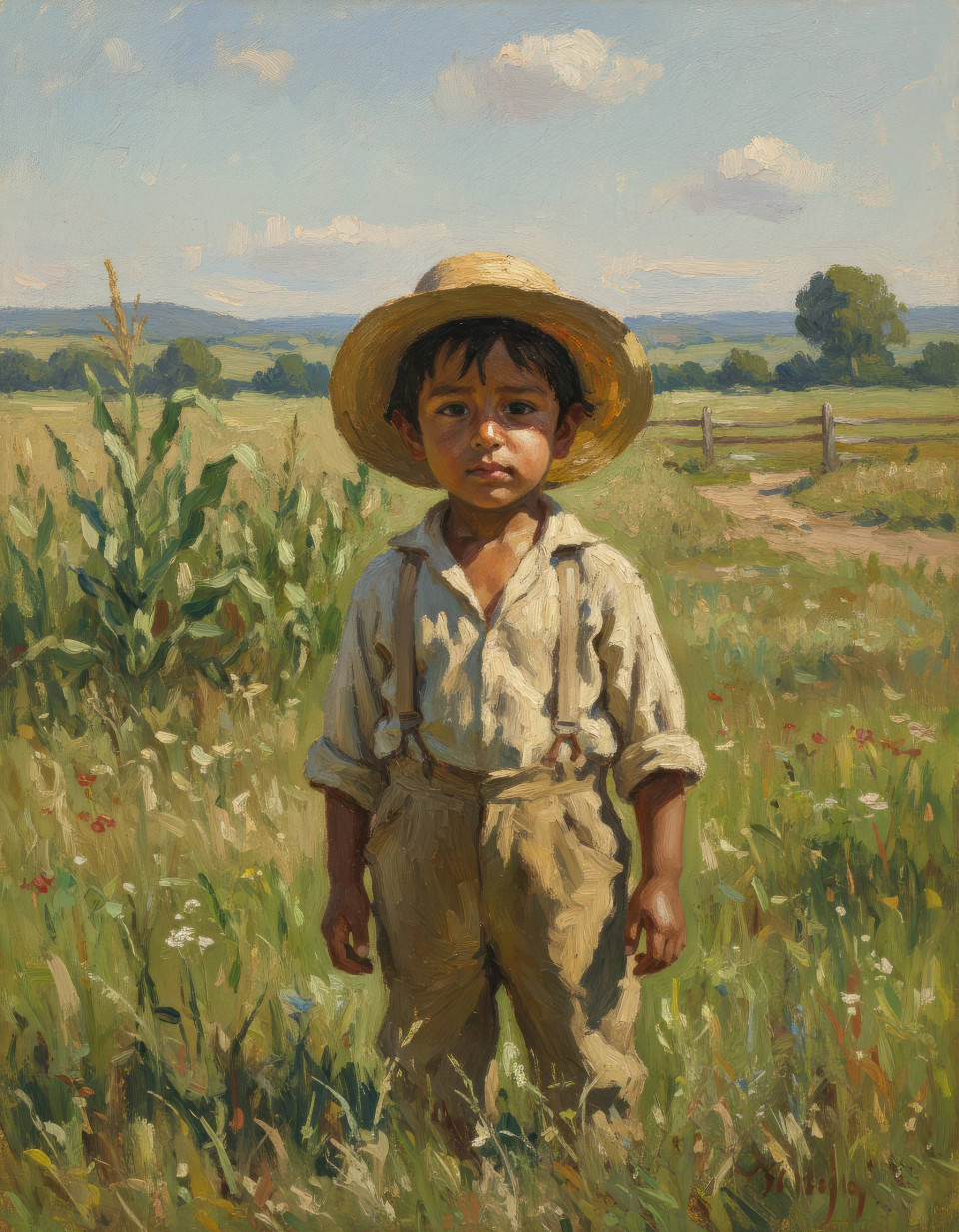 Rustic oil painting of farm child in natural sunlight google gemini prompt