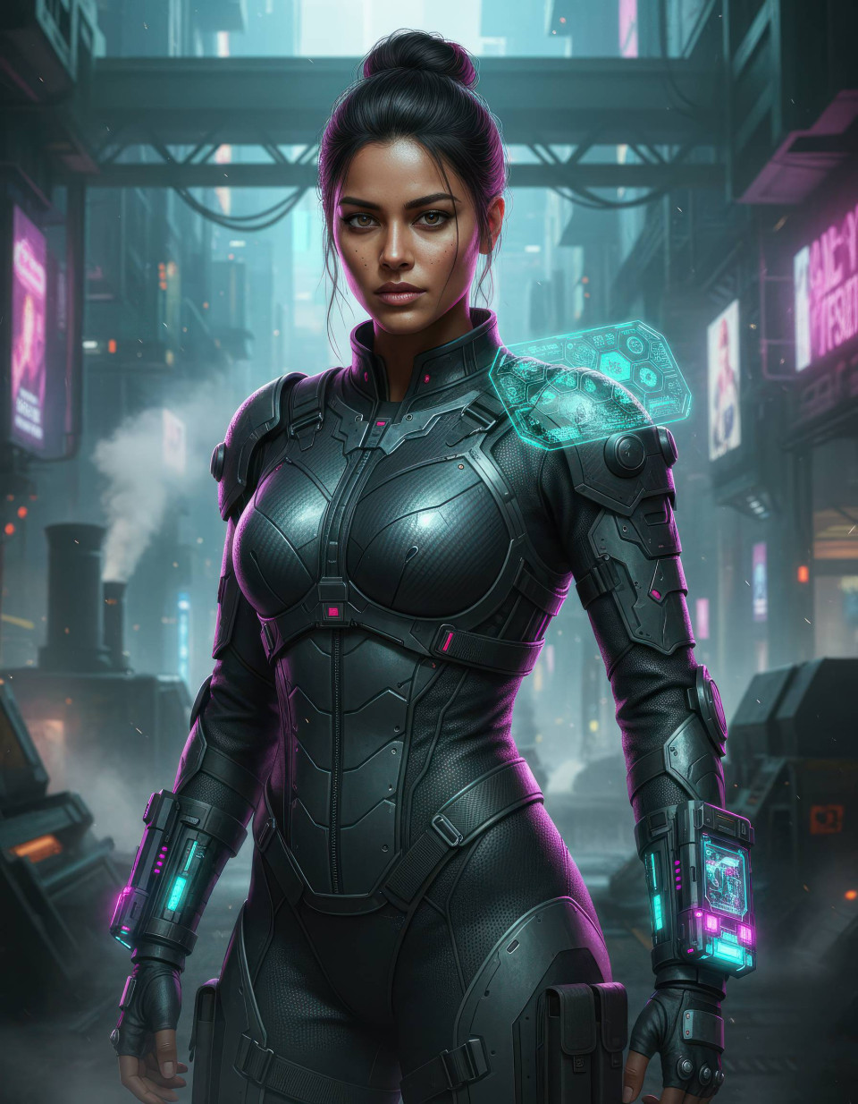 Cyberpunk female bounty hunter portrait in industrial district google gemini prompt