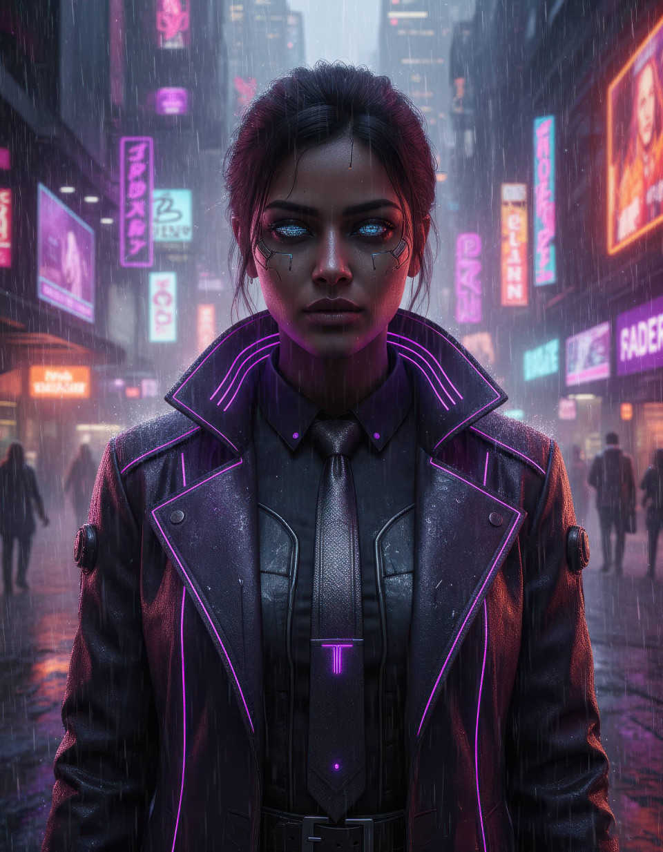 Cyberpunk female ai detective portrait in futuristic city square google gemini prompt