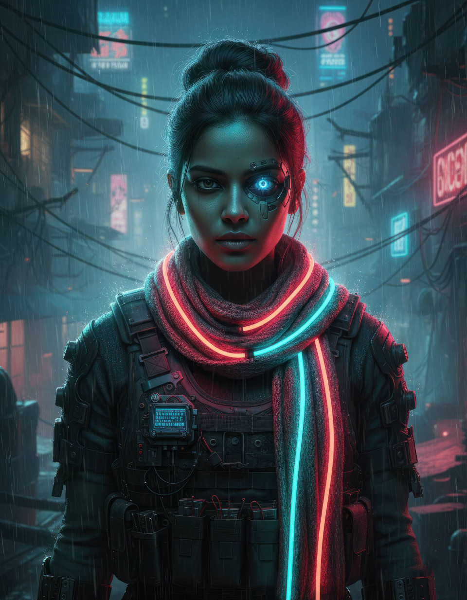 Cyberpunk female rebel leader portrait on slum rooftops google gemini prompt