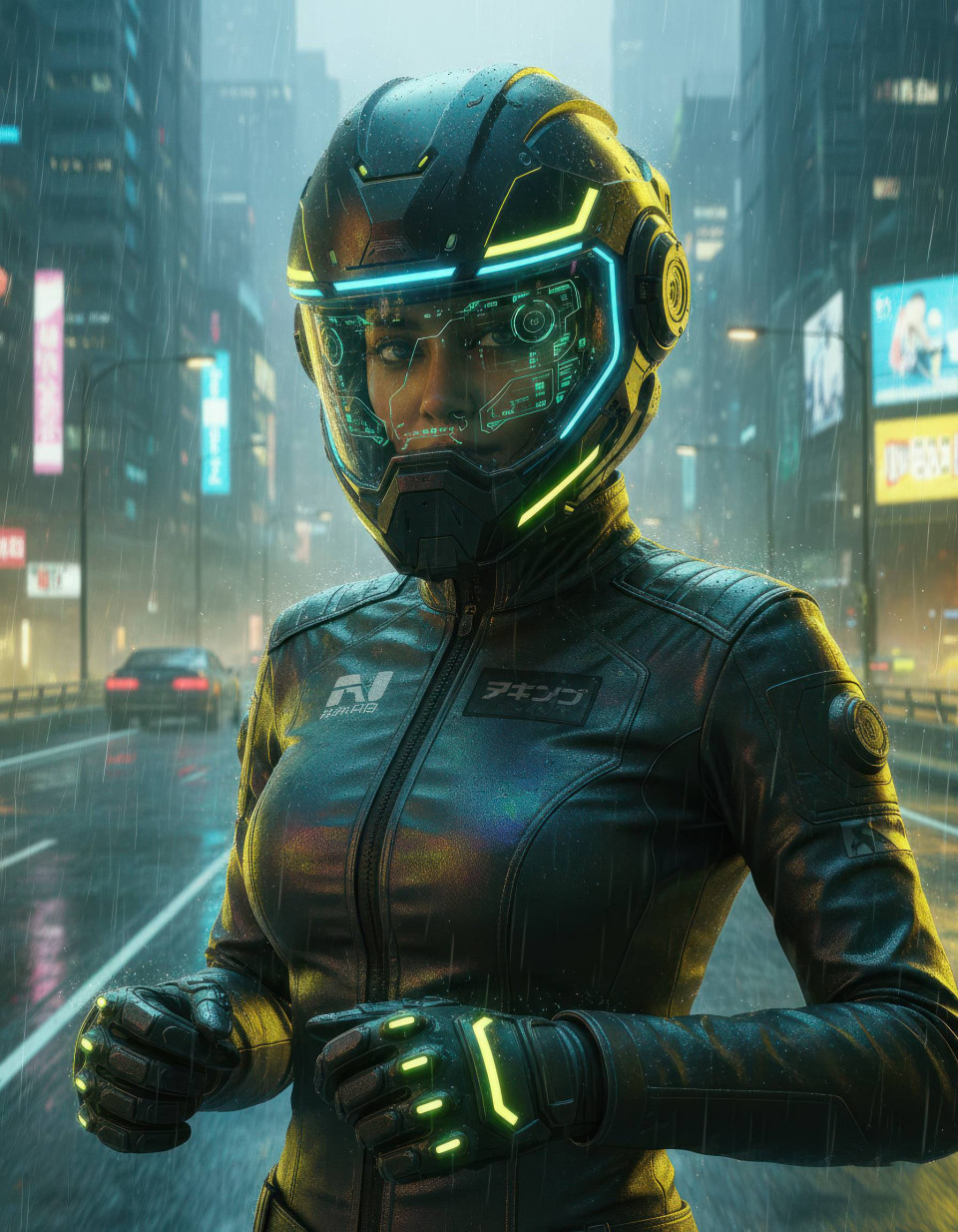 Cyberpunk female street racer portrait on futuristic highway google gemini prompt