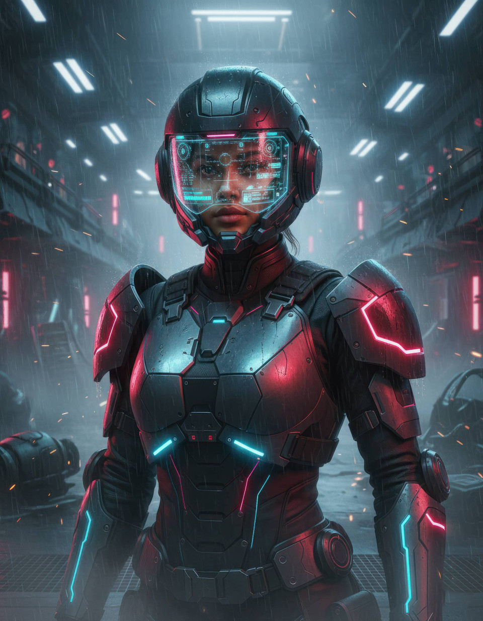 Cyberpunk female techno gladiator portrait in combat arena google gemini prompt