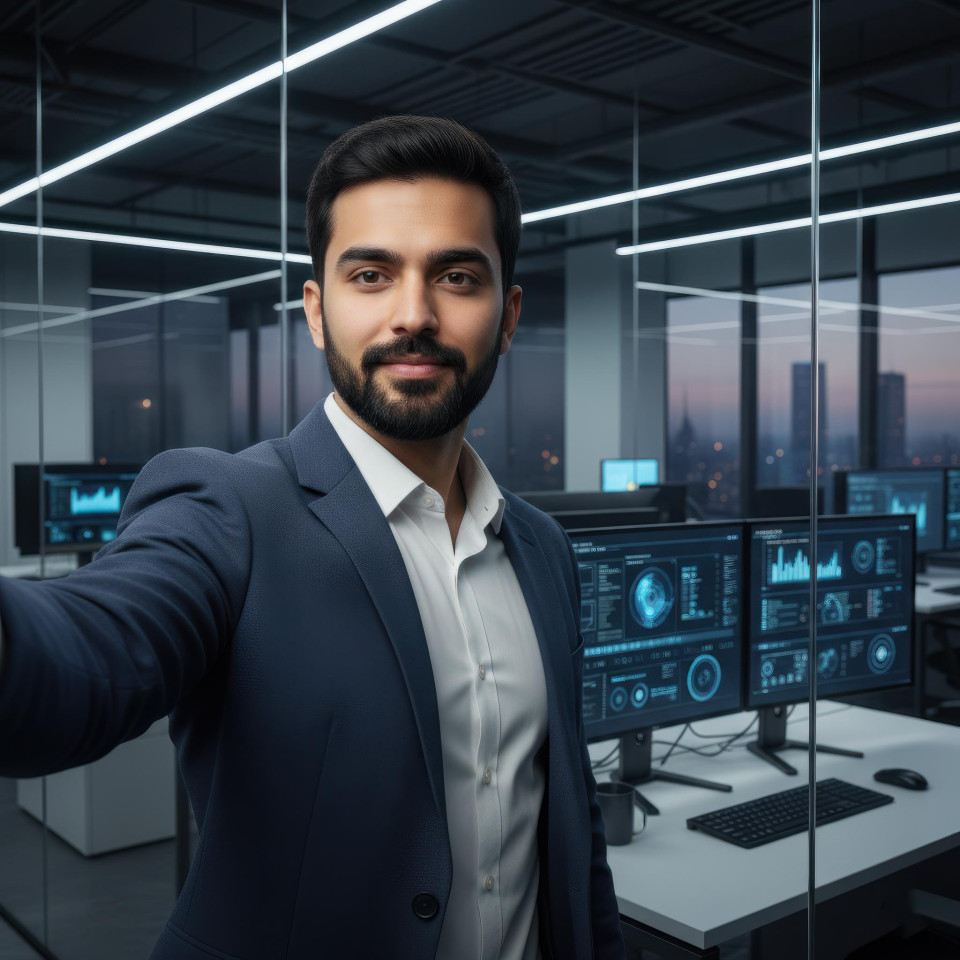 Technology consultant selfie in digital innovation office google gemini prompt