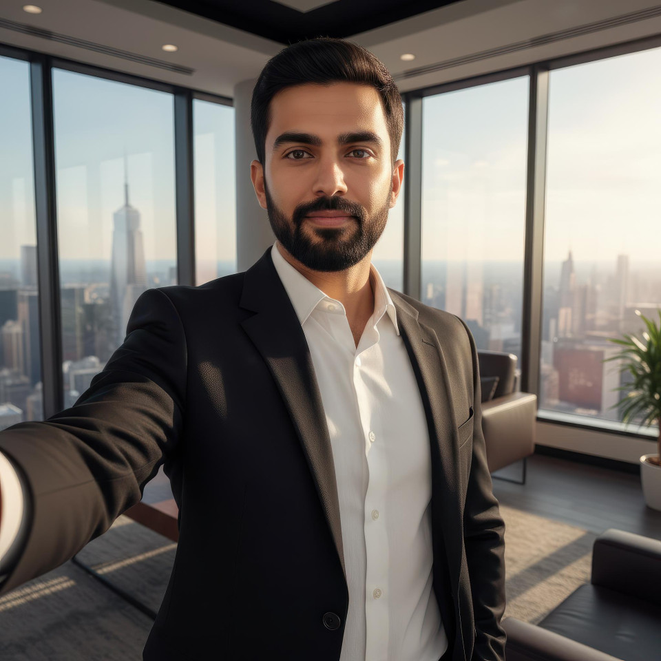 Confident businessman taking selfie in executive corner office google gemini prompt