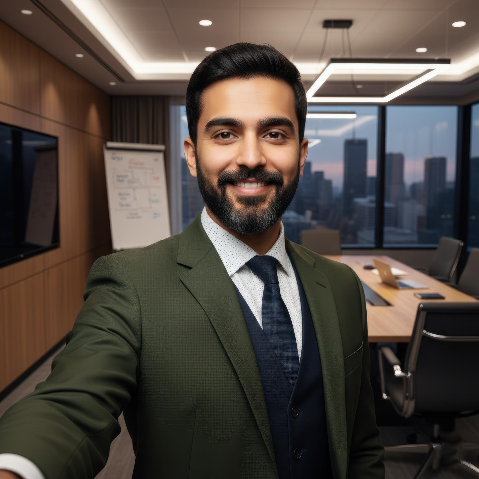 Senior corporate manager selfie in multinational office google gemini prompt