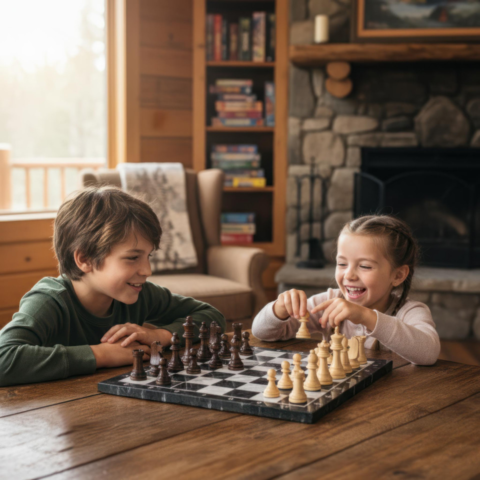 Siblings playing board game in rustic cabin google gemini prompt
