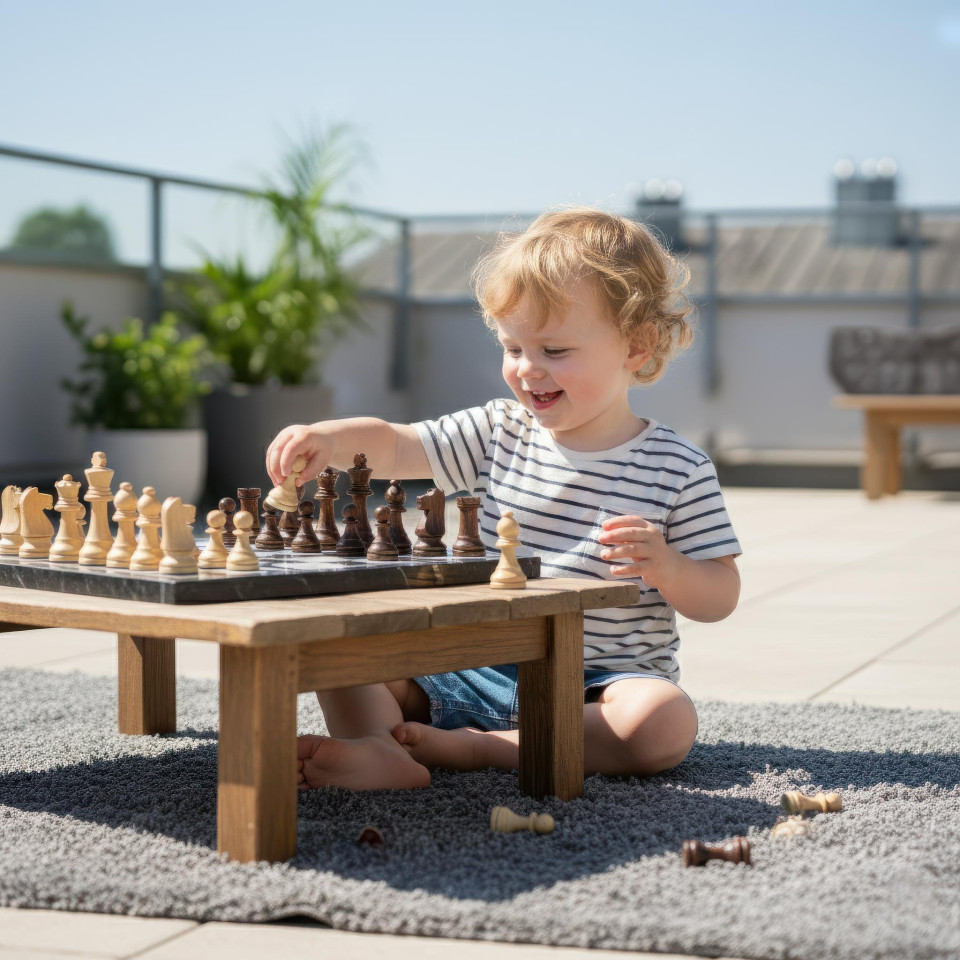 Toddler playing board game on rooftop terrace google gemini prompt