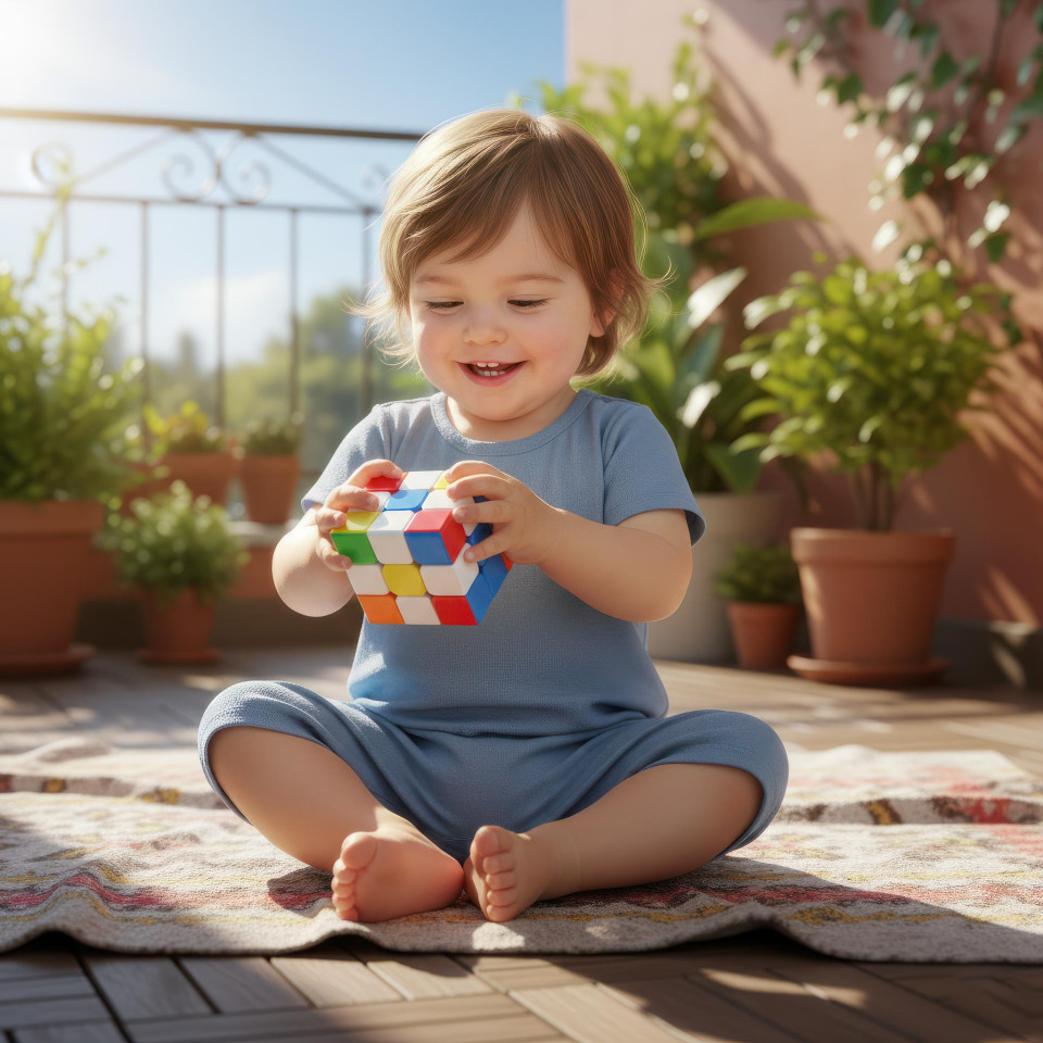 Toddler playing with puzzle cube on sunny balcony google gemini prompt