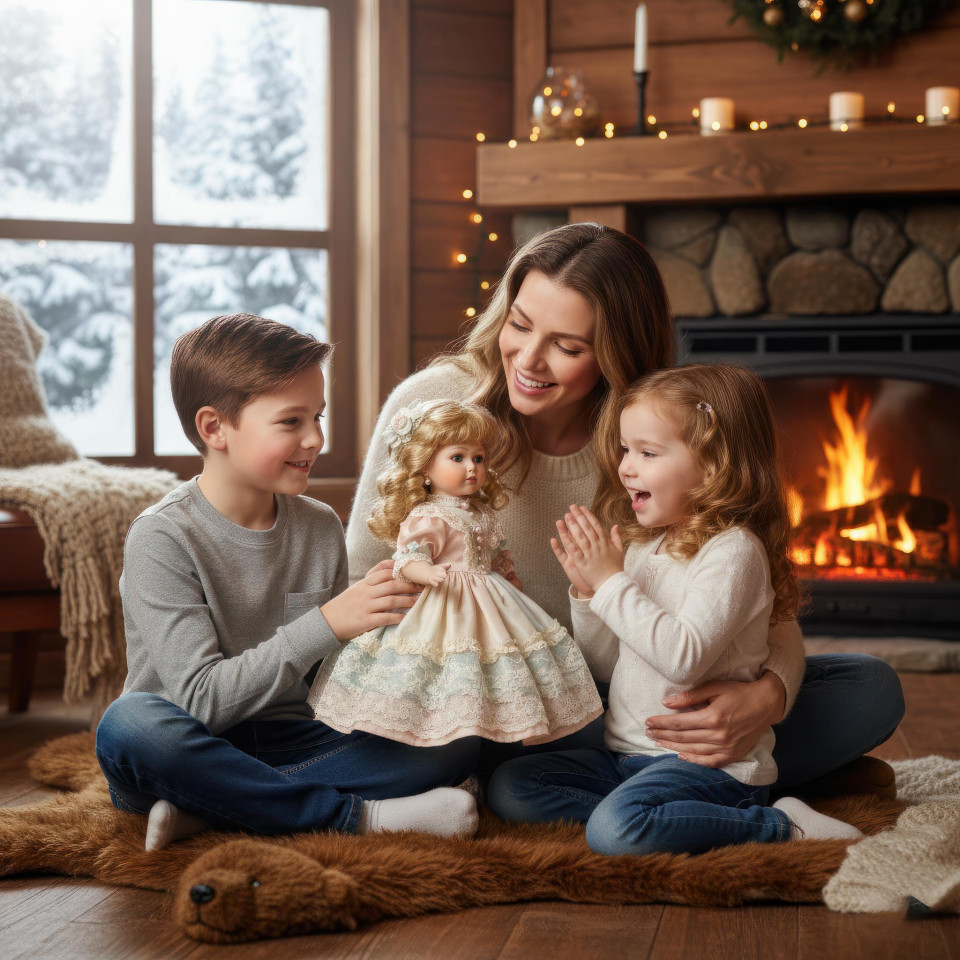 Boy and family playing with doll in snowy cabin google gemini prompt