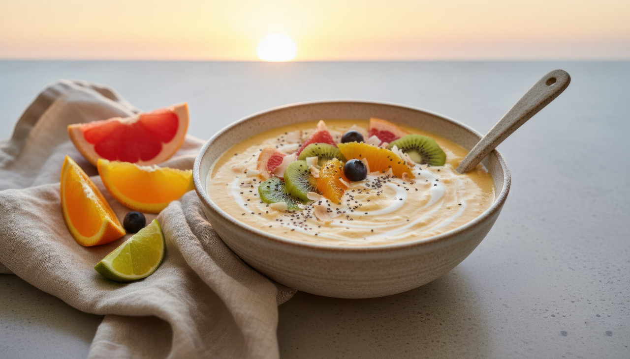 Smoothie bowl with fresh fruit in minimal sunrise scene google gemini prompt