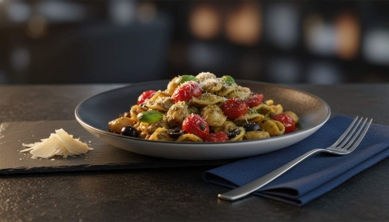 Gourmet pasta plate in elegant modern dining scene google gemini prompt