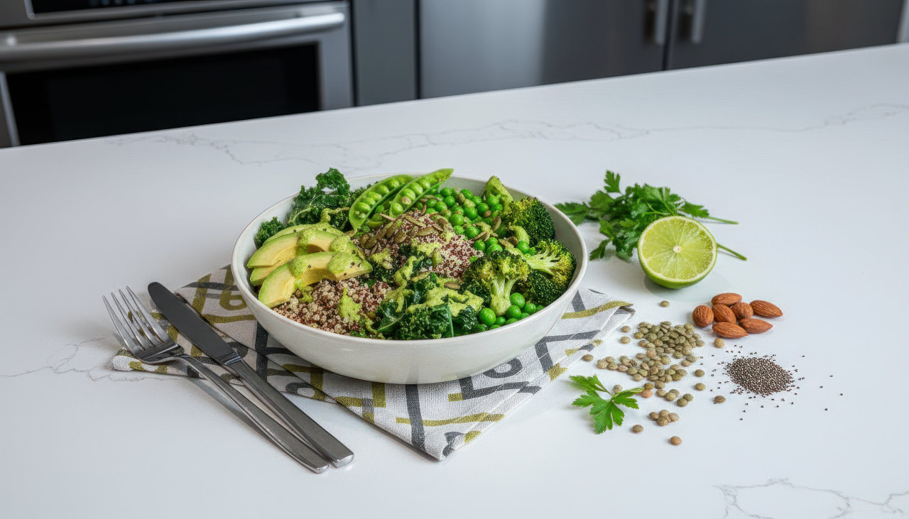 Vegan grain bowl in modern kitchen with studio lighting google gemini prompt