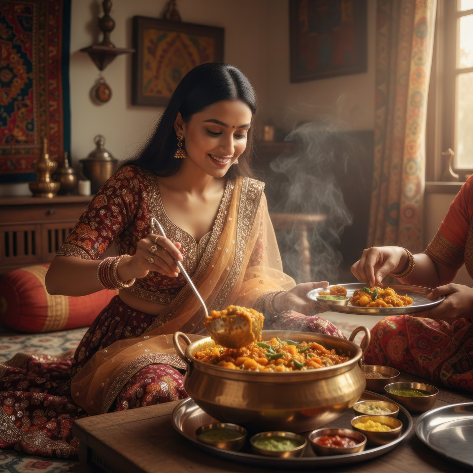 Gujarati woman serving undhiyu at home google gemini prompt