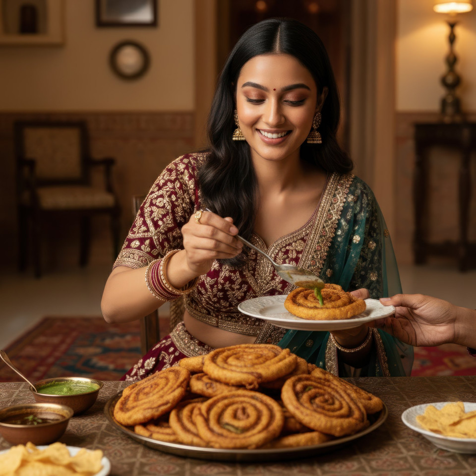 Gujarati woman serving patra at home google gemini prompt