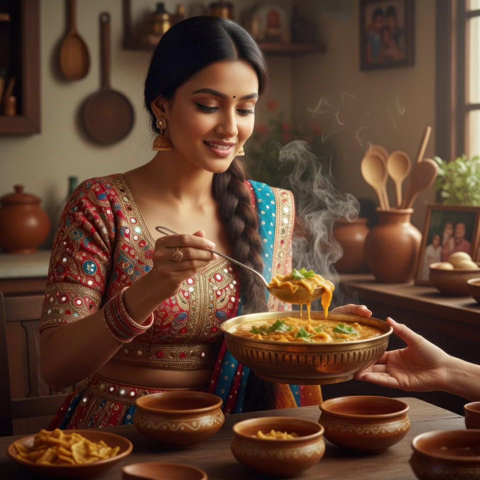 Gujarati woman serving dal dhokli at home google gemini prompt