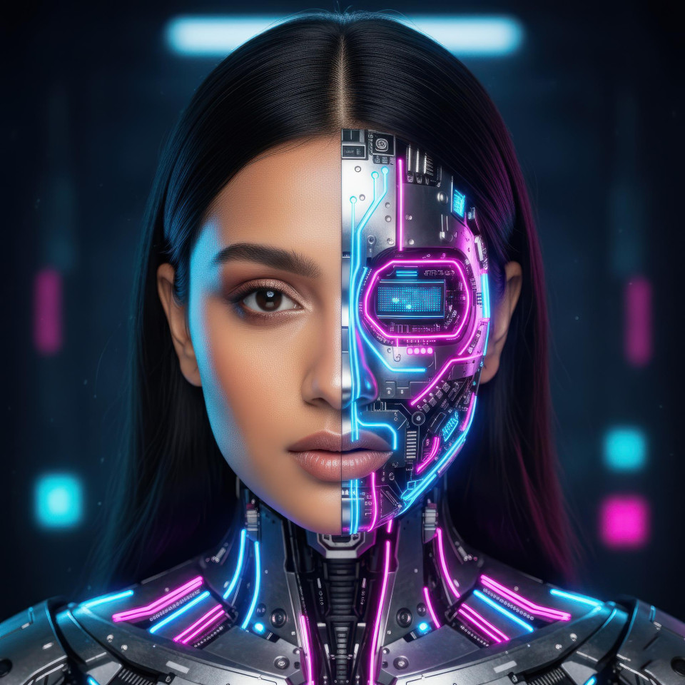 Mixed media sci fi portrait with neon circuit skin fusion google gemini prompt   futuristic portrait