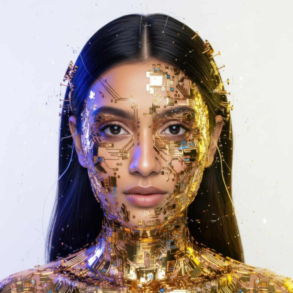 Mixed media sci fi portrait with neural circuit skin fusion google gemini prompt futuristic portrait