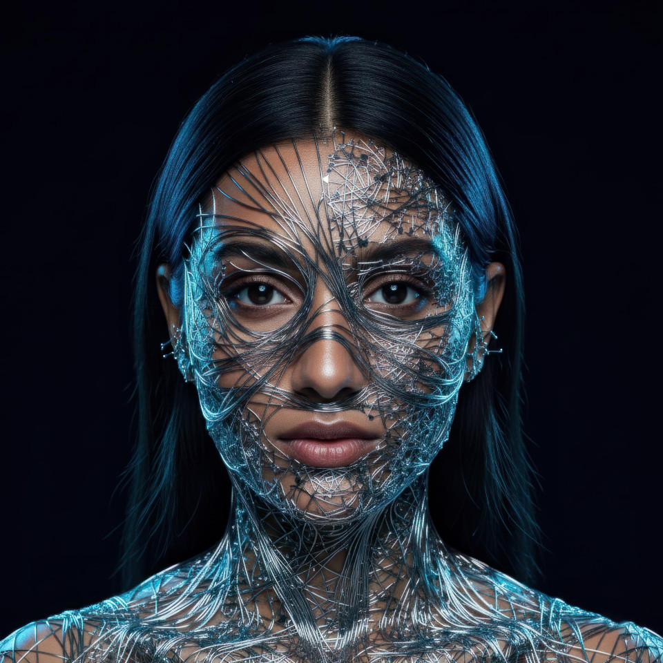 Mixed media sci fi portrait with nanowire skin fusion google gemini prompt futuristic portrait