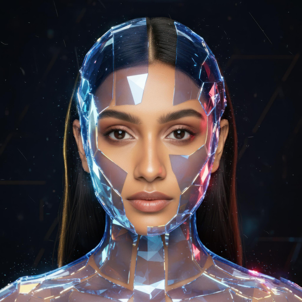 Mixed media sci fi portrait with sapphire glass skin fusion google gemini prompt futuristic portrait