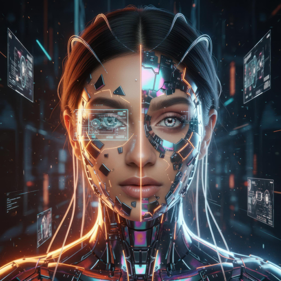 Mixed media sci fi portrait with holographic digital skin fusion google gemini prompt  futuristic portrait